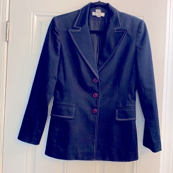 Navy Blue Skirt Suit with Tan Stitching - Picture 3 of 9